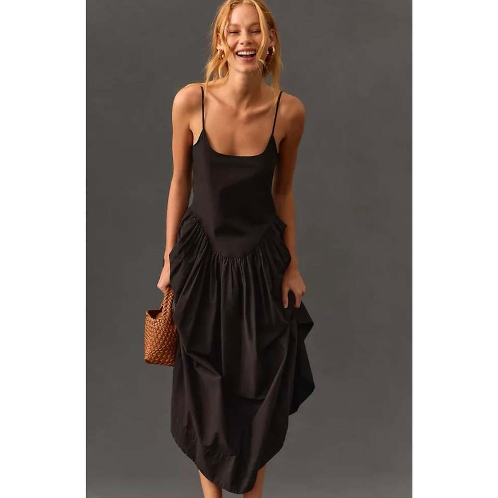 Meadow Rhodes Anthropologie Black Drop Waist Midi Dress Size M Smocked Back
